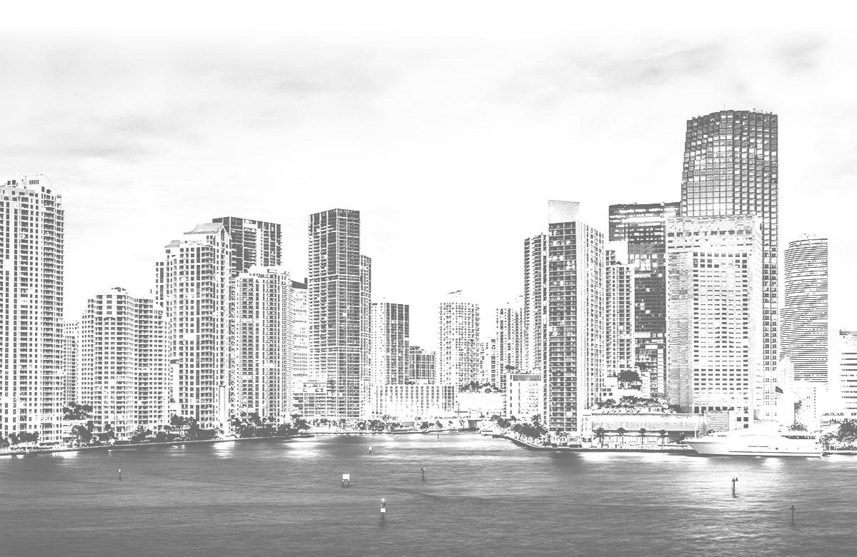 Skyline of Miami, Florida, USA at Brickell Key and Miami River.
